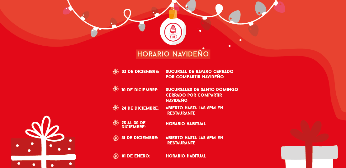 Horario Navideño  -  Restaurantes YAO Asian Cuisine